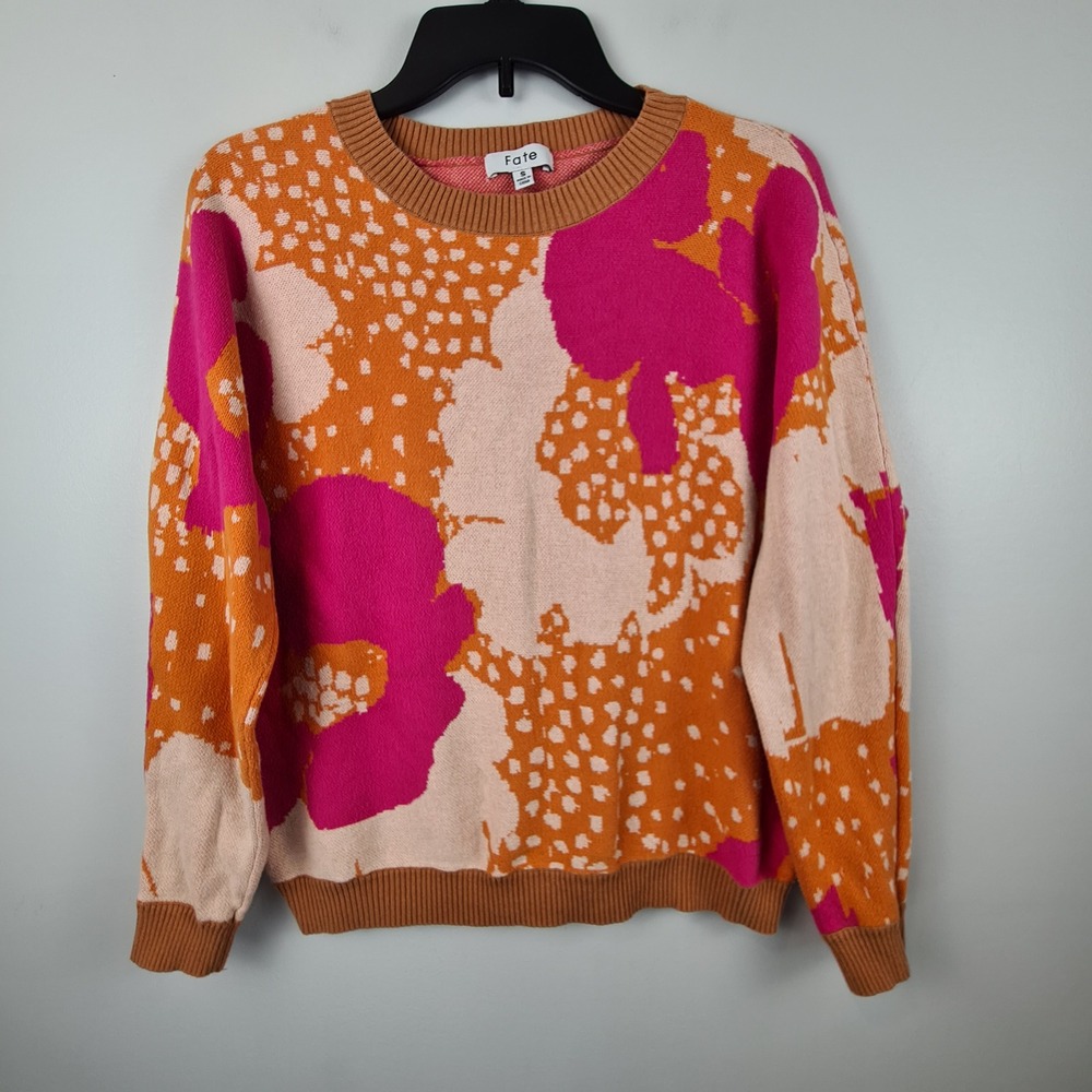Fate Womens Floral Abstract Knit Cotton Sweater Pink Orange Crew Neck S
